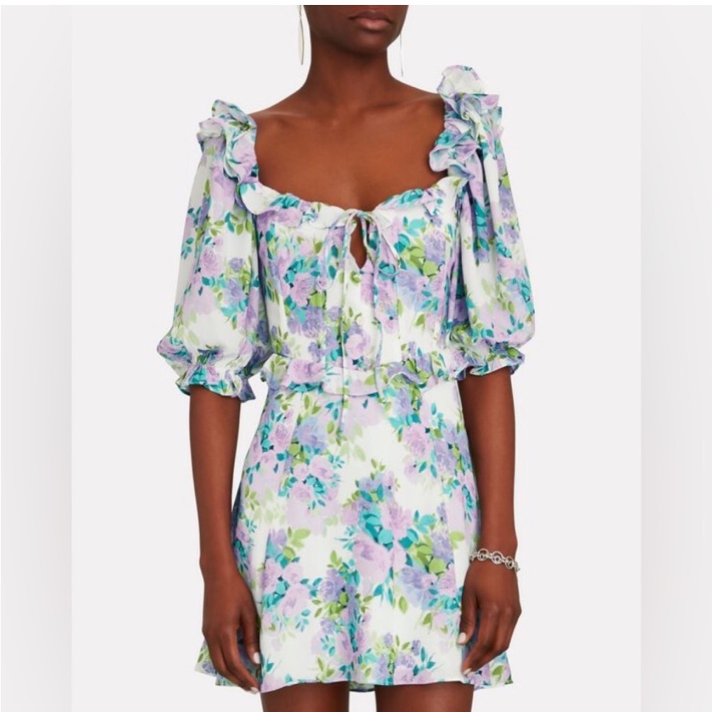 For Love & Lemons Floral Ruffle Mini Dress in Lavender & Green size XS